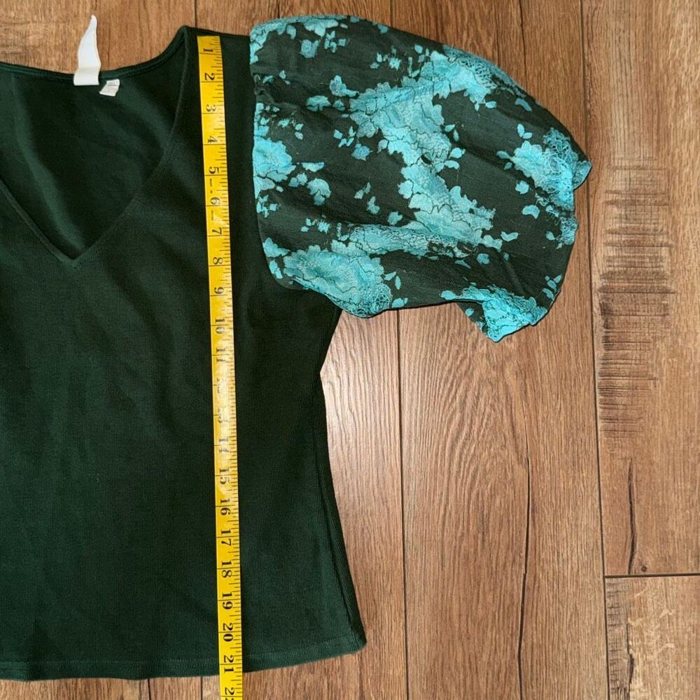 NWOT Anthropologie Dolan Womens V-neck Lace Puff Sleeve Top Holly Green Large - Picture 13 of 15